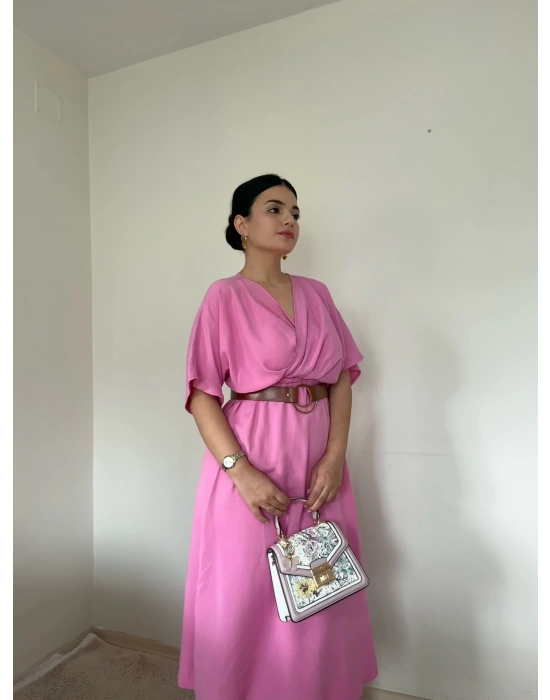 Kemerli Pembe Elbise