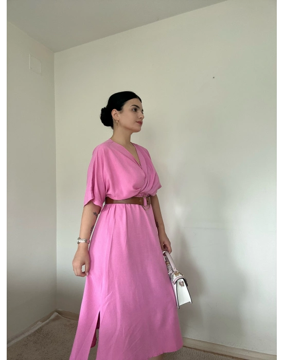 Kemerli Pembe Elbise