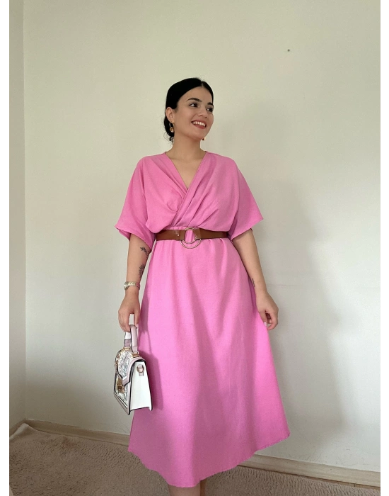 Kemerli Pembe Elbise