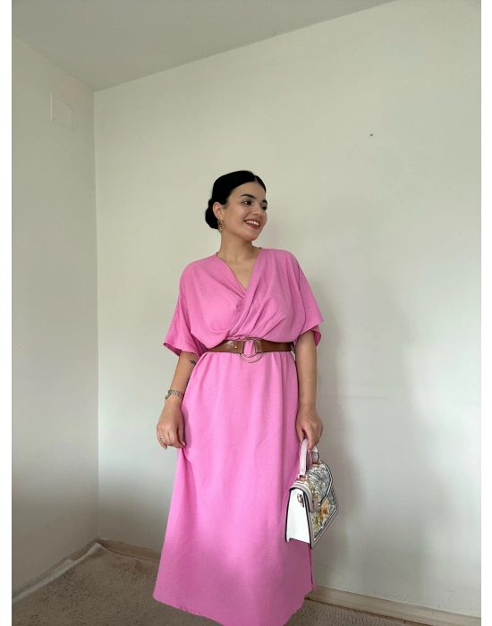Kemerli Pembe Elbise