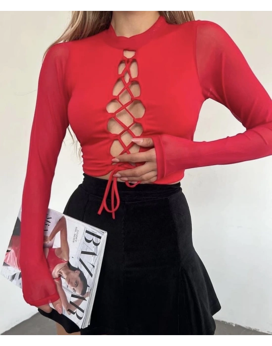 Kırmızı İpli Tül Bluz