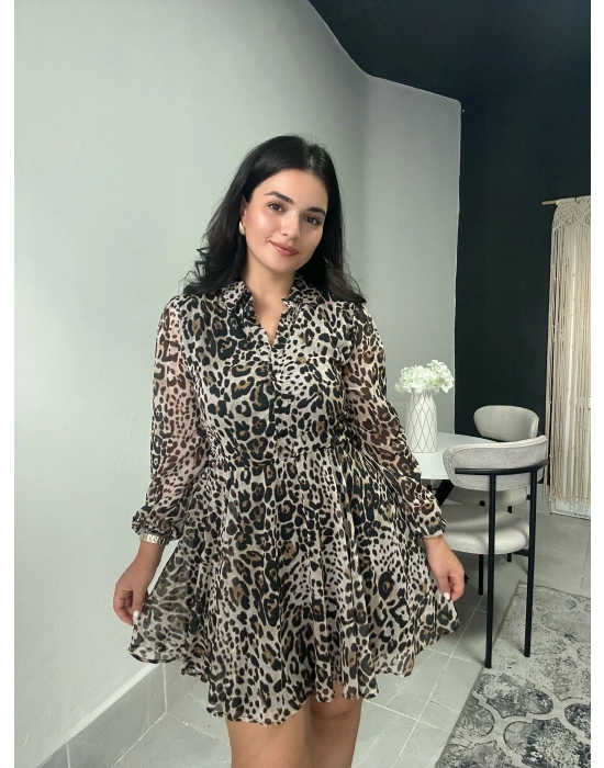 Leopar Desenli Tül Elbise