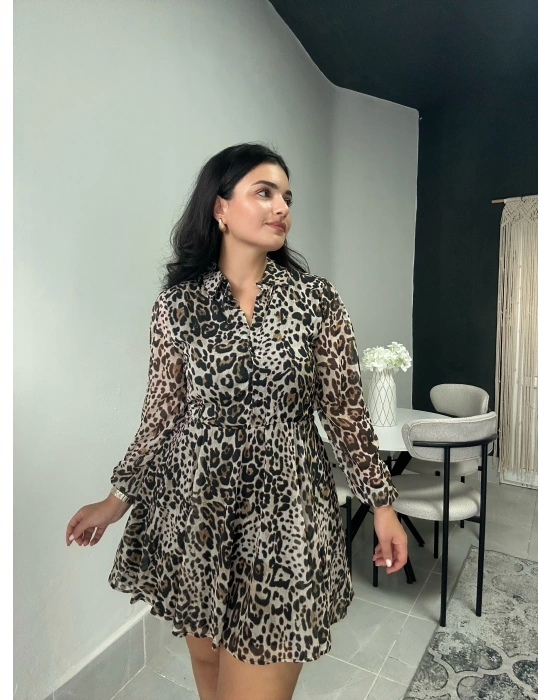 Leopar Desenli Tül Elbise