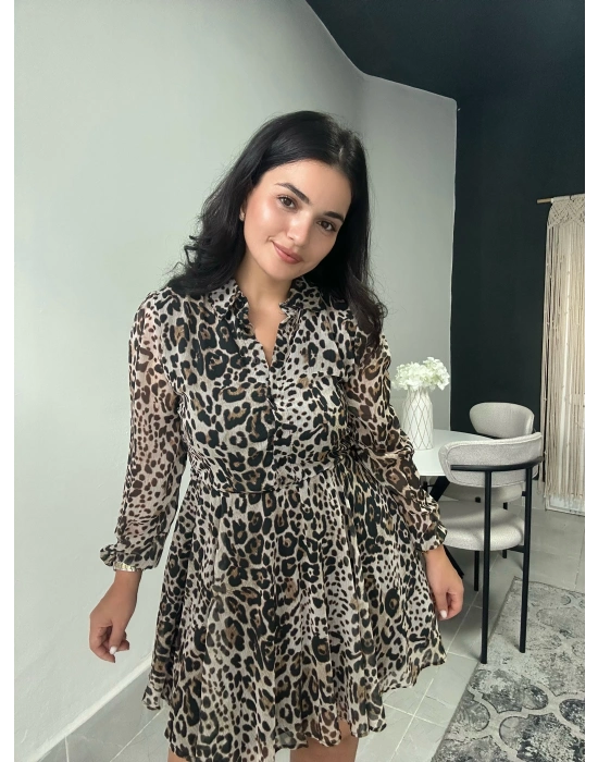 Leopar Desenli Tül Elbise