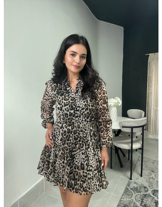 Leopar Desenli Tül Elbise