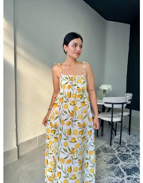 Limon Desenli Askılı Uzun Elbise