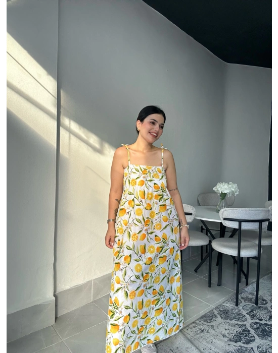 Limon Desenli Askılı Uzun Elbise