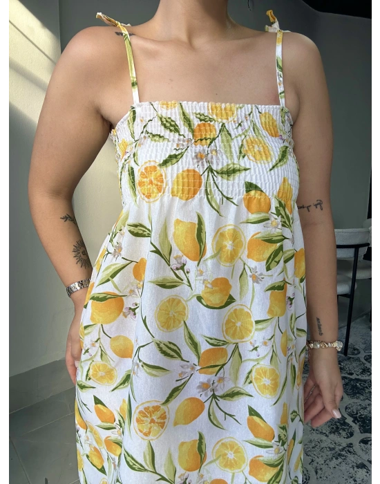 Limon Desenli Askılı Uzun Elbise