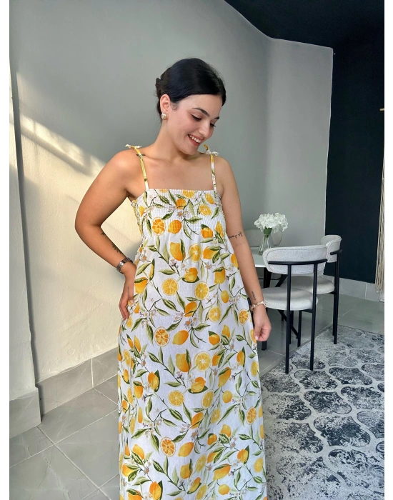 Limon Desenli Askılı Uzun Elbise