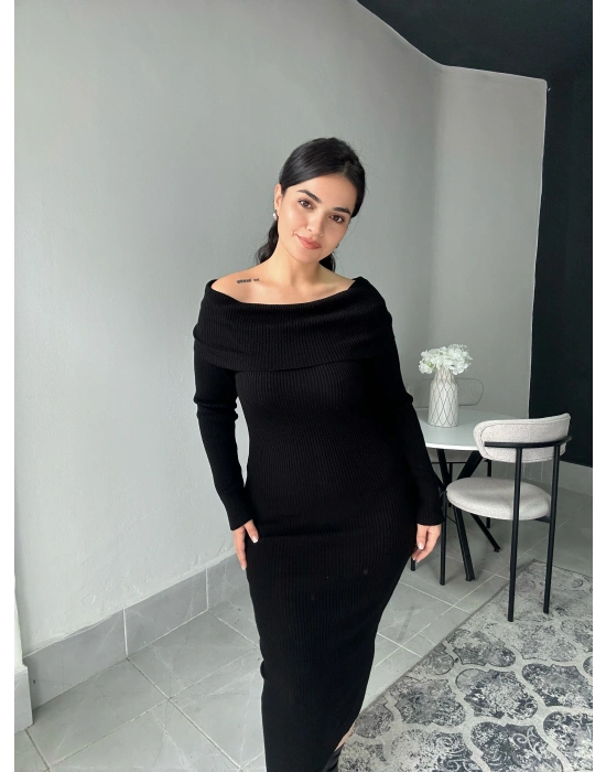 Madonna Yaka Siyah Triko Elbise