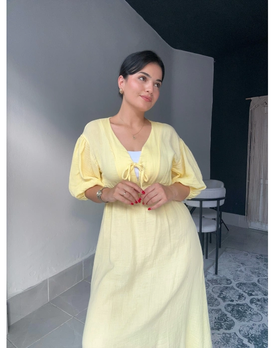 Midi Sarı Müslin Elbise