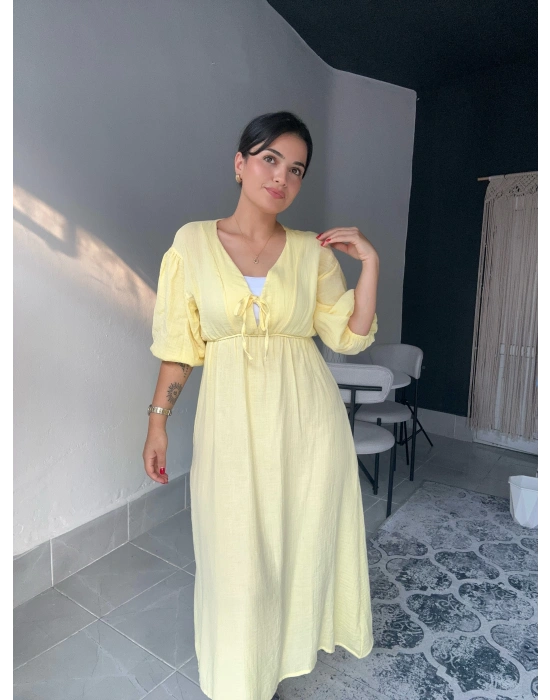 Midi Sarı Müslin Elbise