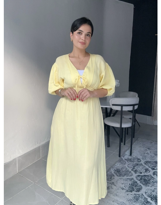 Midi Sarı Müslin Elbise
