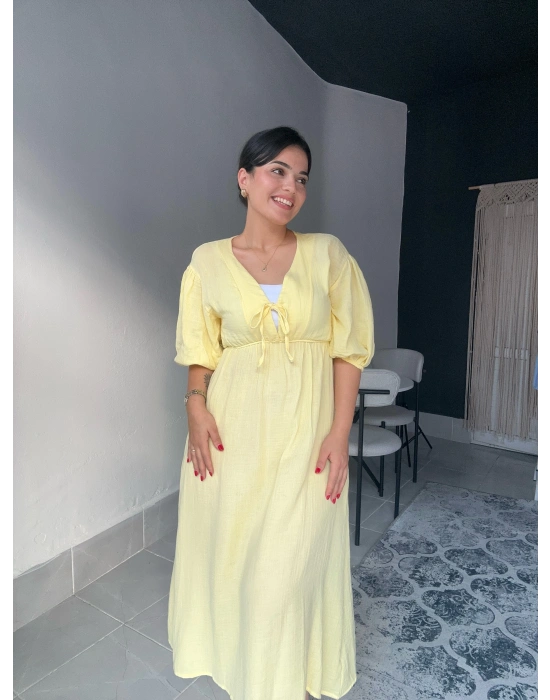 Midi Sarı Müslin Elbise