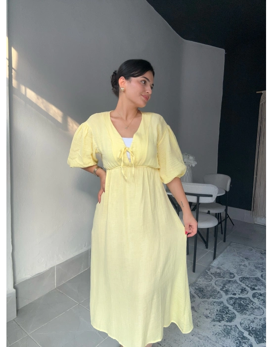 Midi Sarı Müslin Elbise