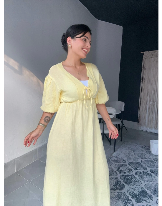 Midi Sarı Müslin Elbise