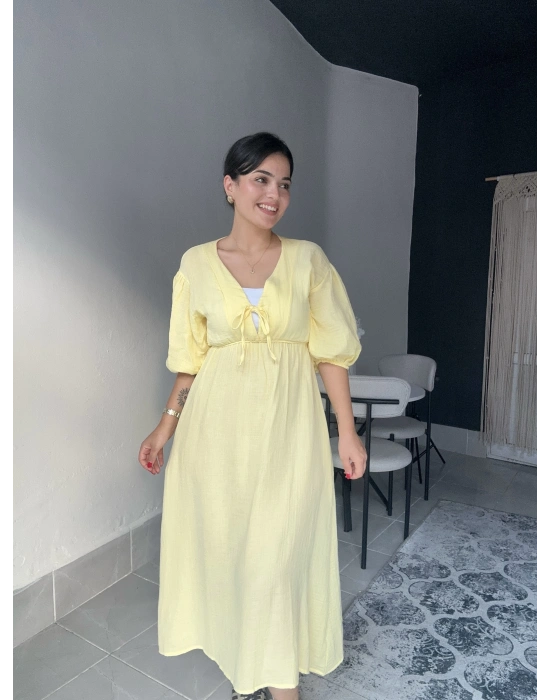 Midi Sarı Müslin Elbise