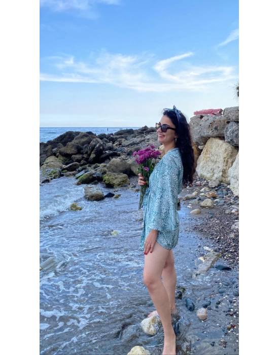 Mint Çiçek Desenli Pareo