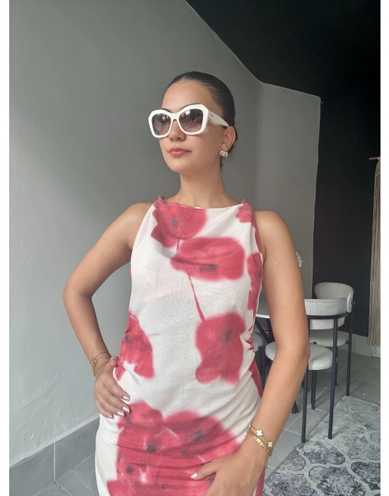 Omuz Düğümlü Desenli Keten Elbise