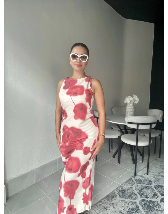 Omuz Düğümlü Desenli Keten Elbise