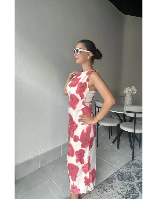 Omuz Düğümlü Desenli Keten Elbise