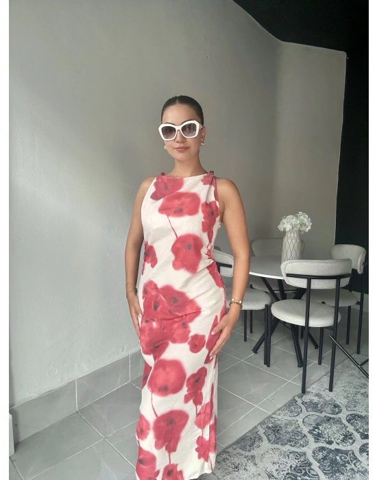 Omuz Düğümlü Desenli Keten Elbise