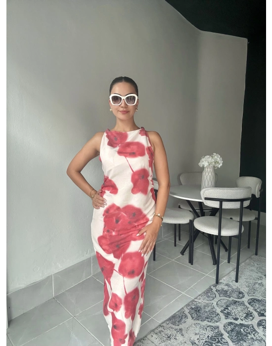 Omuz Düğümlü Desenli Keten Elbise