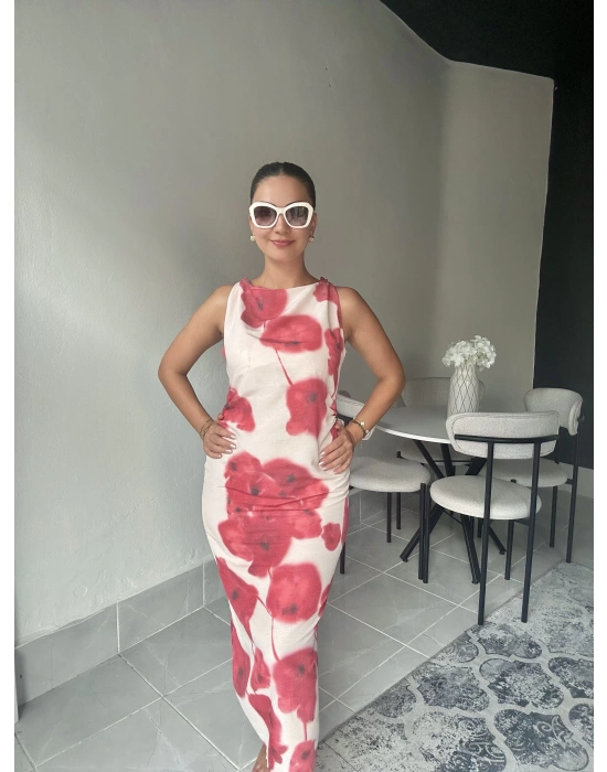 Omuz Düğümlü Desenli Keten Elbise