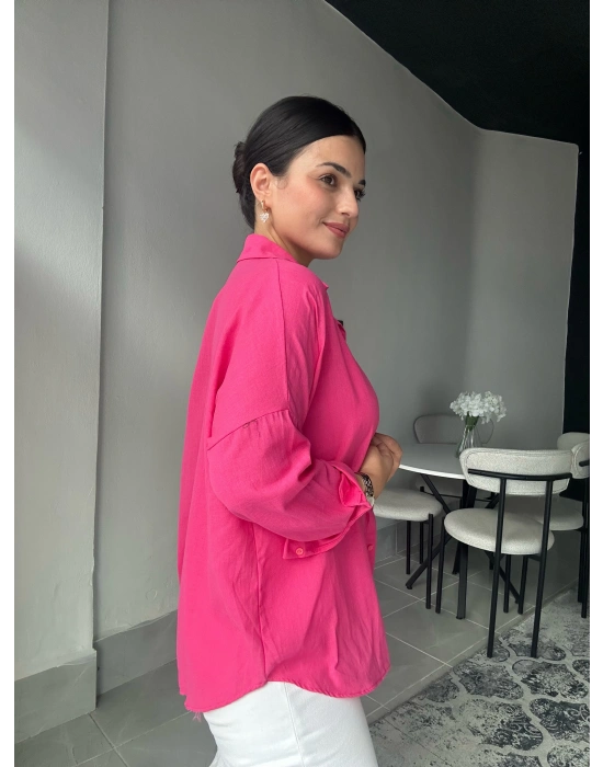 Pembe Oversize Keten Gömlek
