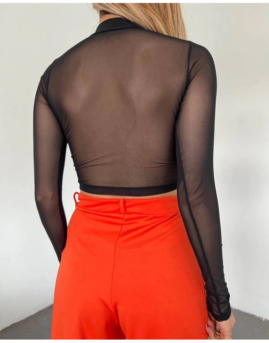 Siyah İpli Tül Bluz