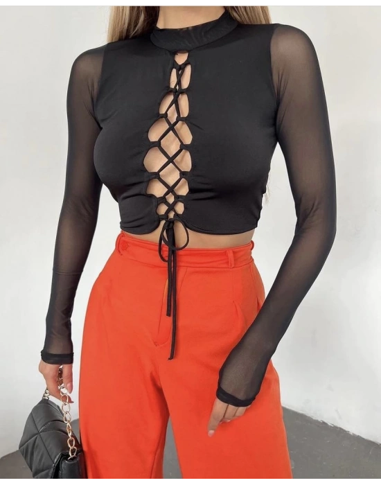 Siyah İpli Tül Bluz