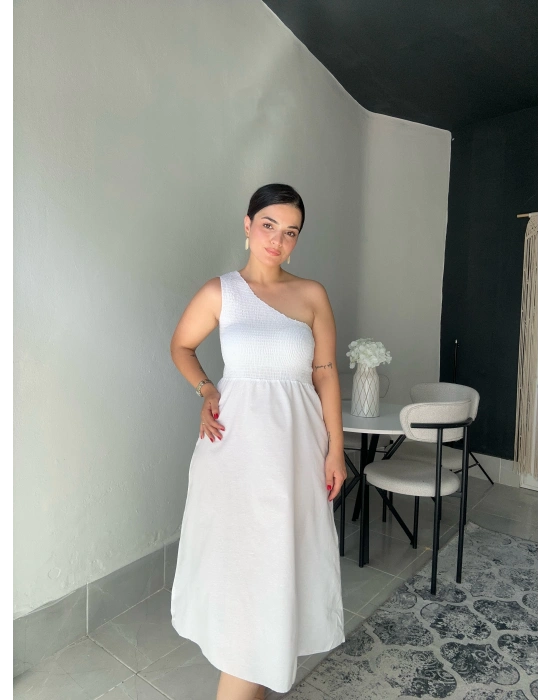 Tek Omuz Beyaz Elbise