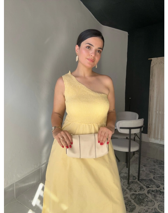 Tek Omuz Sarı Elbise