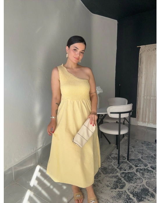 Tek Omuz Sarı Elbise