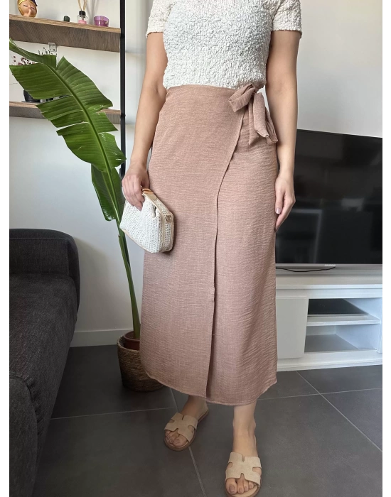 Yandan Bağlamalı Kahverengi Keten Etek