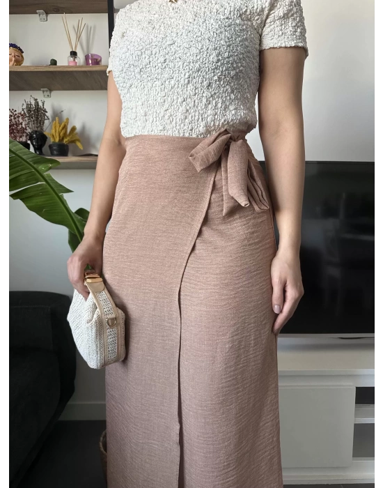 Yandan Bağlamalı Kahverengi Keten Etek