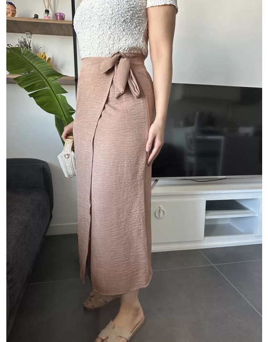 Yandan Bağlamalı Kahverengi Keten Etek