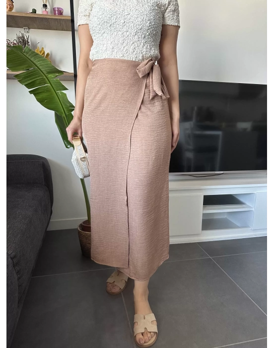 Yandan Bağlamalı Kahverengi Keten Etek