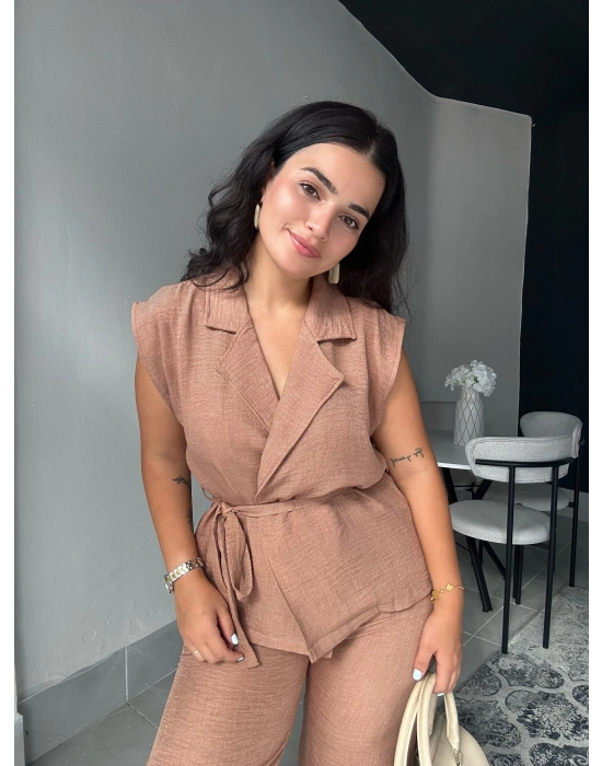 Yandan Bağlamalı Kahverengi Keten İkili Takım