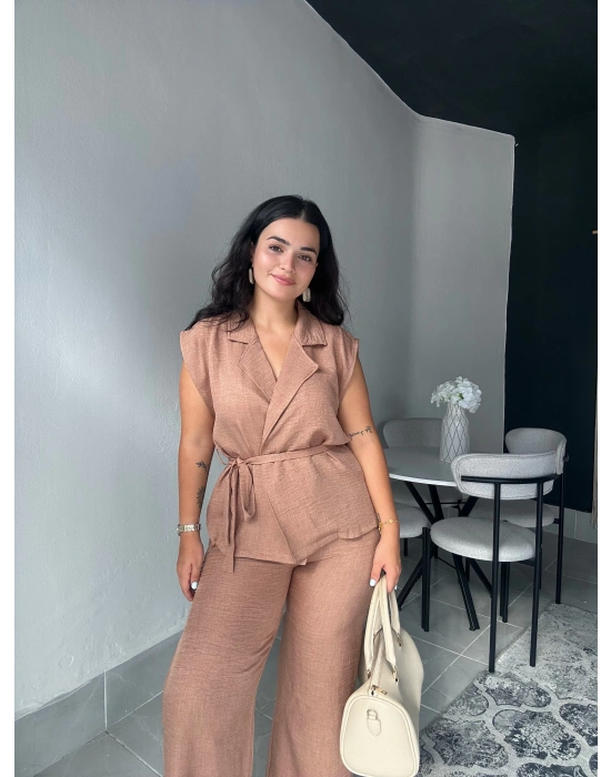 Yandan Bağlamalı Kahverengi Keten İkili Takım