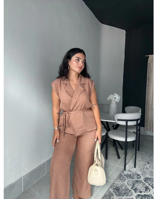 Yandan Bağlamalı Kahverengi Keten İkili Takım