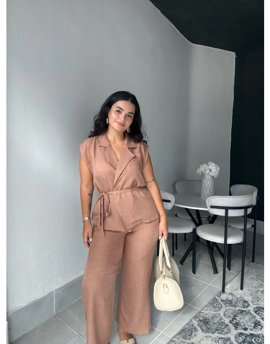 Yandan Bağlamalı Kahverengi Keten İkili Takım