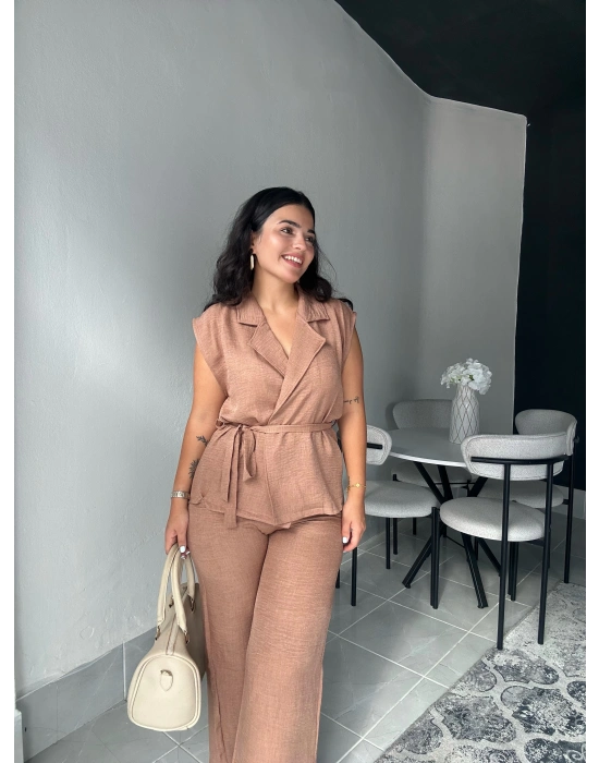 Yandan Bağlamalı Kahverengi Keten İkili Takım