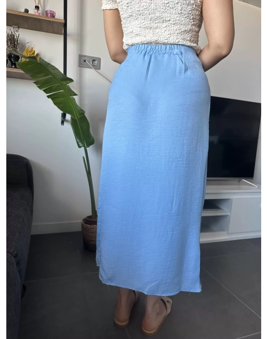 Yandan Bağlamalı Mavi Keten Etek