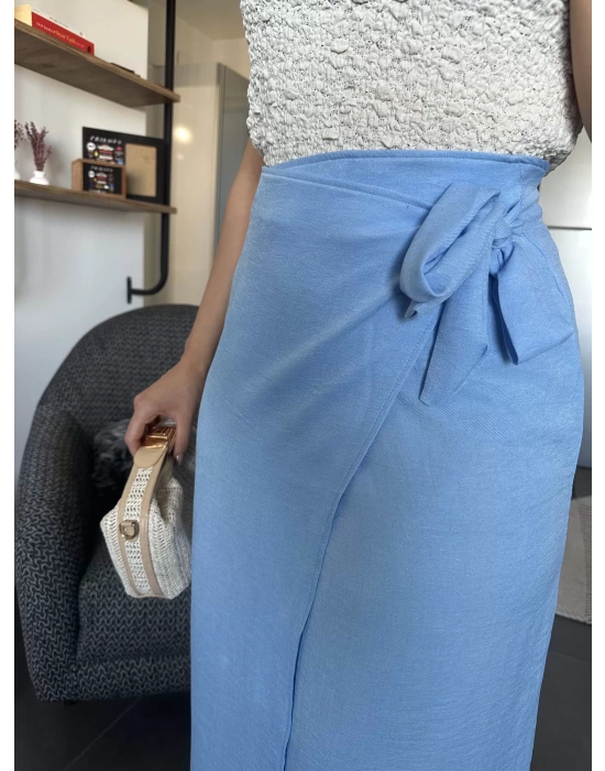 Yandan Bağlamalı Mavi Keten Etek