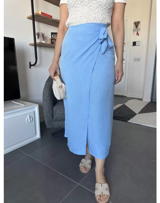 Yandan Bağlamalı Mavi Keten Etek