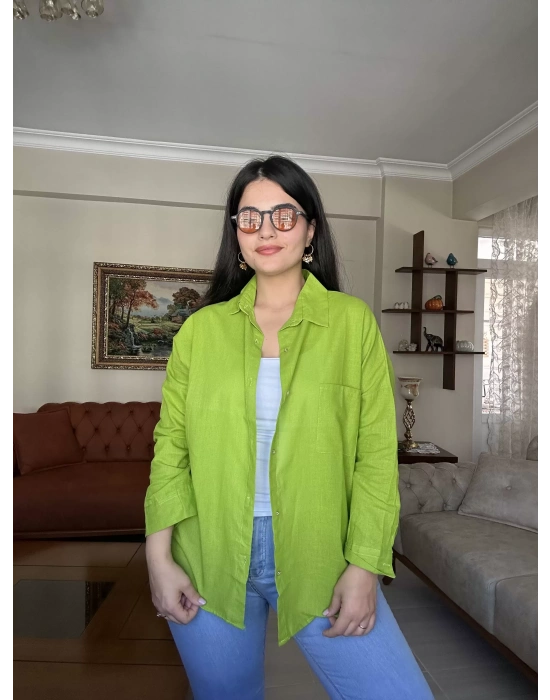 Yeşil Oversize Keten Gömlek