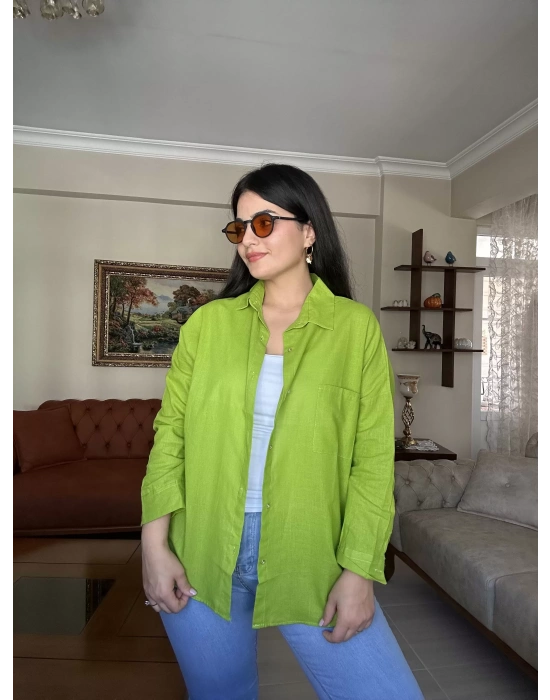 Yeşil Oversize Keten Gömlek