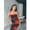 Çiçek Desenli Straplez Elbise