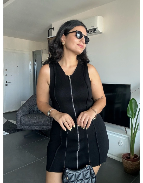 Fermuarlı Siyah Mini Elbise